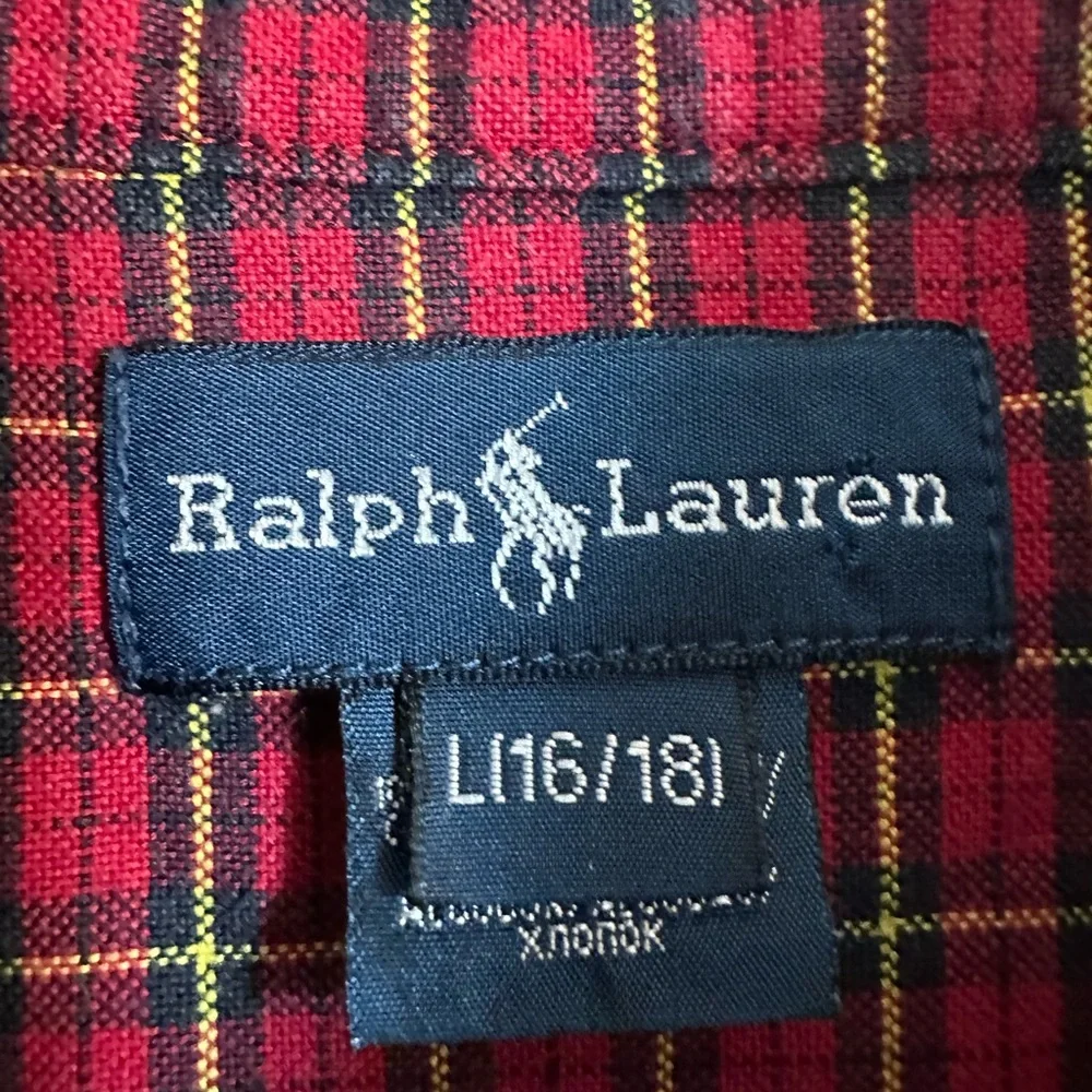 Ralph Lauren Vintage Boys Large 16/18 Red black‎ yellow plaid button down cotton